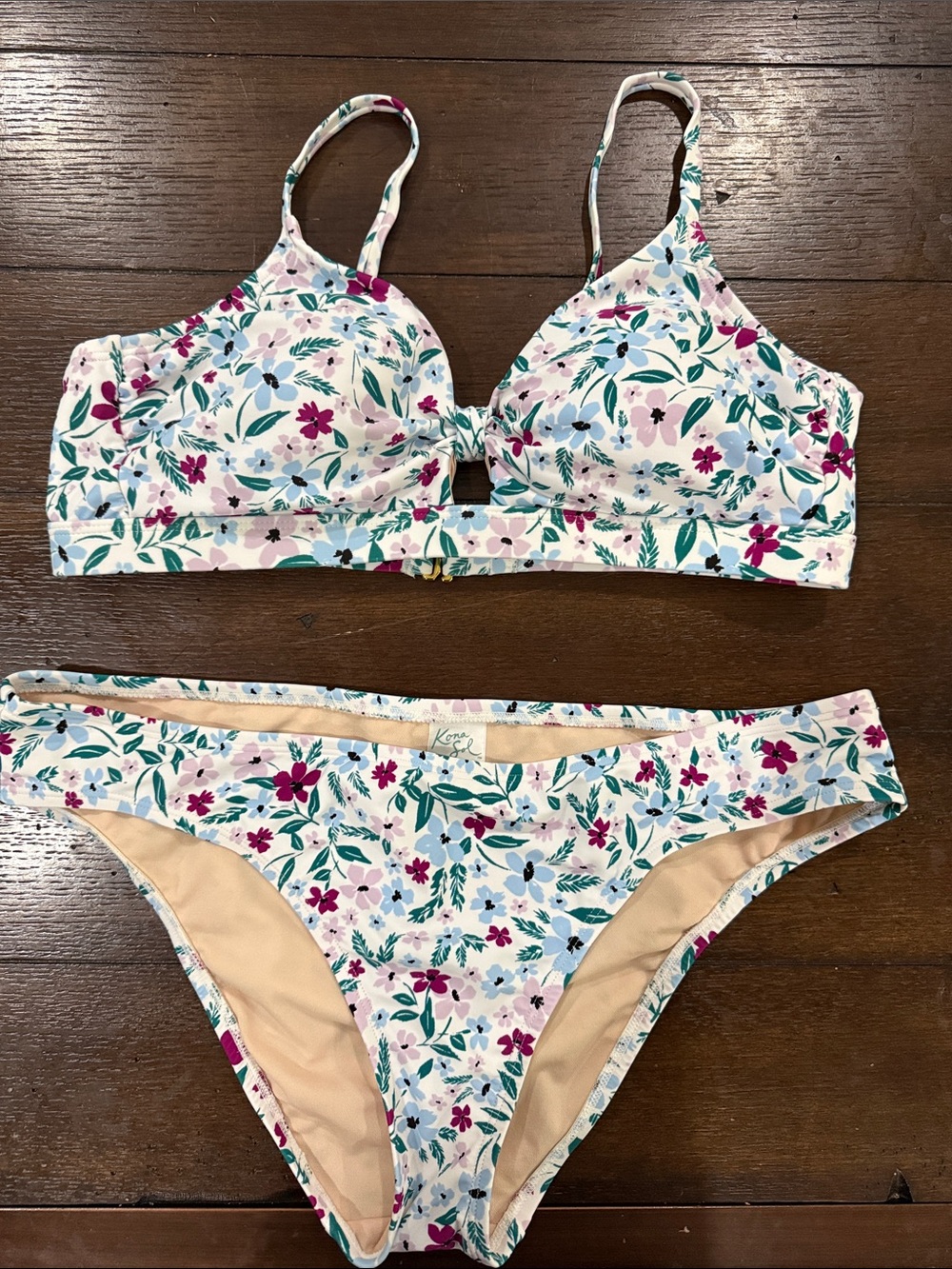 KONA SOL Floral Two-Piece Bikini Set in White with Pink & Teal Accents